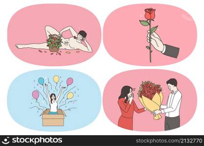 Present gift and flowers surprise concept. Set of people making and taking gifts giving flowers to beloved giving red rose as symbol of love feeling happy with surprise vector illustration. Present gift and flowers surprise concept