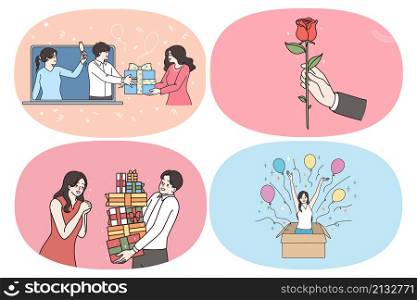 Present gift and surprise concept. Set of people making and taking gifts in boxes carrying heap of presents giving red rose as symbol of love feeling happy with surprise vector illustration. Present gift and surprise concept.