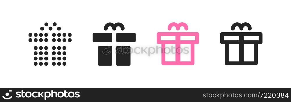 Present icon, set. Gift box illustration. Chtistmas giftbox icon. Birthday simbol in vector flat style.