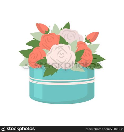 Present in box vector, isolated icon of blue rounded package with flowers. Packet of bouquet, roses with leaves of different shape, flat style drawing. White and Red Roses in Box, Gift Container Icon