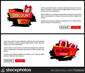 Present in box wrapped in paper on online sites templates. Banner with special prices and sale. Best Black Friday promos and sellouts of shops vector. Present in Box Wrapped in Paper on Web Poster