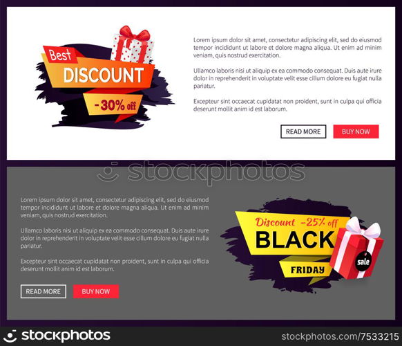 Present in box wrapped in paper on online sites templates. Banner with special prices and sale. Best Black Friday promos and sellouts of shops vector. Present in Box Wrapped in Paper on Web Poster