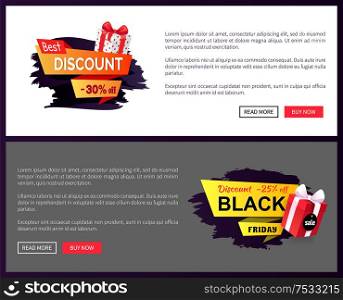 Present in box wrapped in paper on online sites templates. Banner with special prices and sale. Best Black Friday promos and sellouts of shops vector. Present in Box Wrapped in Paper on Web Poster
