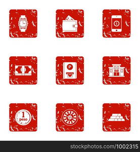 Present money icons set. Grunge set of 9 present money vector icons for web isolated on white background. Present money icons set, grunge style