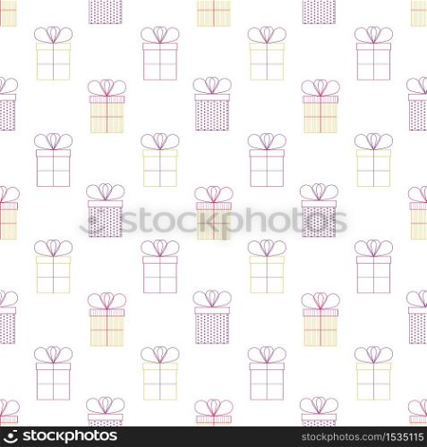 Present or gift boxes. Outline vector. Bright colors. Celebration concept. Seamless pattern