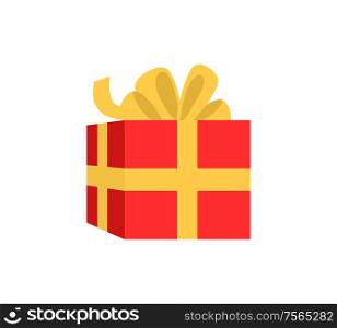 Present wrapped wide ribbon and big bow. Illustration of single red Christmas gift box in flat style isolated on white, element for decoration vector. Red Gift Box Wrapped Ribbon with Big Bow Vector