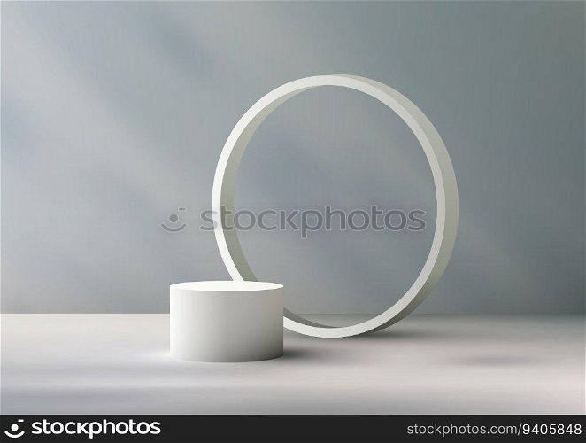 Present your products in style with this modern and creative interior concept product display mockup podium. The 3D realistic design features a white color podium on a gray background with circle backdrop. Perfect for marketing and advertising purposes.