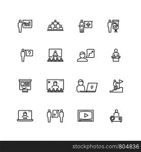 Presentation and conference symbols. Training and learning line icons. People group in class outline pictograms vector set isolated. Business education seminar, group audience illustration. Presentation and conference symbols. Training and learning line icons. People group in class outline pictograms vector set isolated