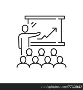 Presentation and discussion, man speaker pointing on chart board with growing arrow isolated thin line icon. Vector presenter leader and workers managers brainstorming and recruiting, line art. Presenter leader, workers managers brainstorming