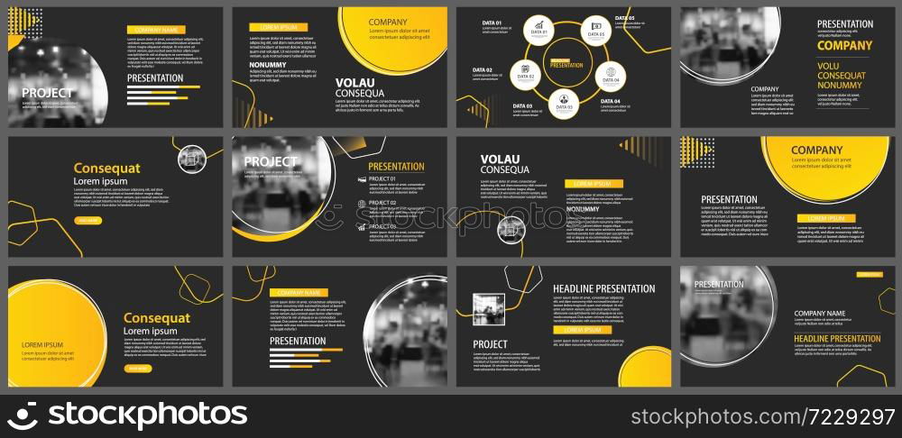 Presentation and slide layout background. Design yellow and black circle template. Use for business annual report, flyer, marketing, leaflet, advertising, brochure, modern style.