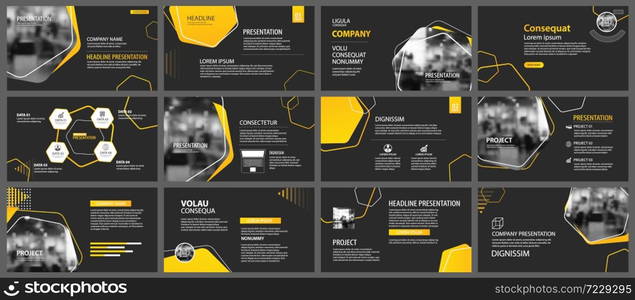 Presentation and slide layout background. Design yellow and black geometric template. Use for business annual report, flyer, marketing, leaflet, advertising, brochure, modern style.