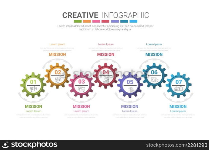 Presentation business concept with 7 steps, Engineering tech progress, Cogwheel connection banner, gear infographic illustration.