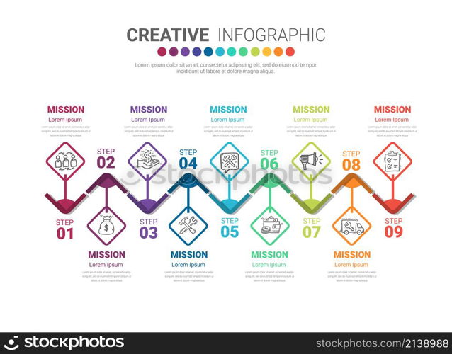 Presentation business infographic template, Abstract infographics number options template with 9 steps. Vector illustration.