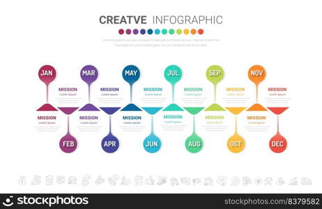 Presentation business infographic template for 12 months, 1 year, can be used for Business concept with 12 options, steps or processes.