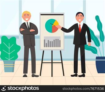 Presentation business seminar vector, smiling characters showing diagram with segments. Partners presenting innovative system for company seminar. Whiteboard Presentation Businessman with Charts