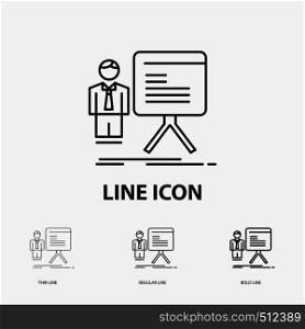 presentation, businessman, chart, graph, progress Icon in Thin, Regular and Bold Line Style. Vector illustration. Vector EPS10 Abstract Template background