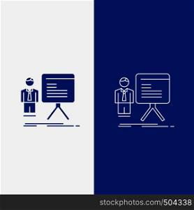 presentation, businessman, chart, graph, progress Line and Glyph web Button in Blue color Vertical Banner for UI and UX, website or mobile application. Vector EPS10 Abstract Template background