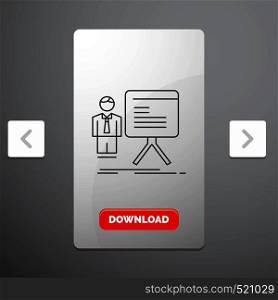presentation, businessman, chart, graph, progress Line Icon in Carousal Pagination Slider Design & Red Download Button. Vector EPS10 Abstract Template background