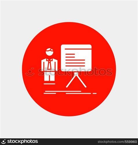presentation, businessman, chart, graph, progress White Glyph Icon in Circle. Vector Button illustration. Vector EPS10 Abstract Template background