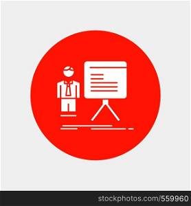 presentation, businessman, chart, graph, progress White Glyph Icon in Circle. Vector Button illustration. Vector EPS10 Abstract Template background