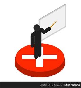 Presentation concept icon isometric vector. Stickman on red button and flipchart. Seminar, presentation, learning. Presentation concept icon isometric vector. Stickman on red button and flipchart