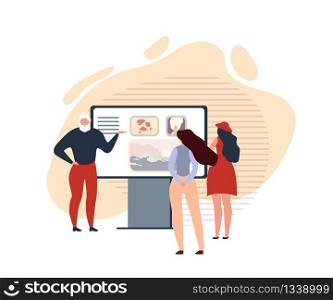 Presentation in Art Gallery Flat Illustration. Bearded Man Shows Presentation Two Young Stylish Interested Girls about Contemporary art. Vector Horizontal Illustration in Flat Style. Presentation in Art Gallery Flat Illustration