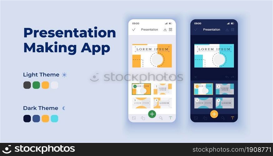 Presentation making cartoon smartphone interface vector templates set. Mobile app screen page day and dark mode design. Information organization manager UI for application. Phone display. Presentation making cartoon smartphone interface vector templates set