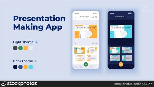 Presentation making cartoon smartphone interface vector templates set. Mobile app screen page day and dark mode design. Information organization manager UI for application. Phone display. Presentation making cartoon smartphone interface vector templates set