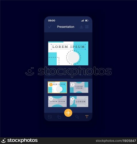Presentation making dark smartphone interface vector template. Mobile app page design layout. Portable software. Managing information screen. Flat UI for application. Phone display. Presentation making dark smartphone interface vector template