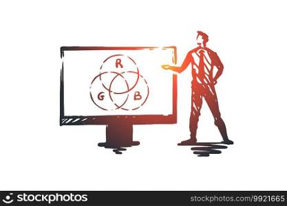 Presentation, man, business, board, speaker concept. Hand drawn businessman making a report concept sketch. Isolated vector illustration.. Presentation, man, business, board, speaker concept. Hand drawn isolated vector.