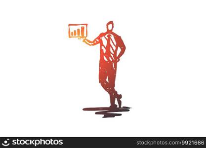 Presentation, man, chart, business, graphic concept. Hand drawn businessman presenting a chart concept sketch. Isolated vector illustration.. Presentation, man, chart, business, graphic concept. Hand drawn isolated vector.