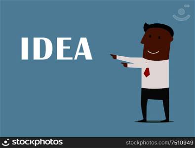 Presentation of a new idea business concept. Confident smiling african american businessman pointing to Idea