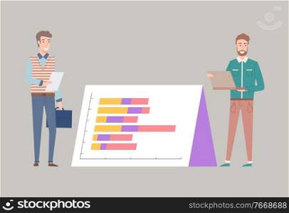 Presentation of business idea vector, man with papers and briefcase businessman with laptop analyzing information and giving results of project on board. Business People with Infocharts on Paper Board