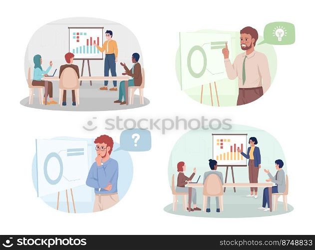 Presentation of business strategy 2D vector isolated illustrations set. Corporate planning flat characters on cartoon background. Colorful editable scenes collection for mobile, website, presentation. Presentation of business strategy 2D vector isolated illustrations set