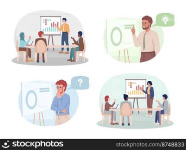 Presentation of business strategy 2D vector isolated illustrations set. Corporate planning flat characters on cartoon background. Colorful editable scenes collection for mobile, website, presentation. Presentation of business strategy 2D vector isolated illustrations set