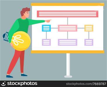 Presentation of businessman vector, isolated man holding lightbulb pointing on board with schemes and charts. Business meeting explanation of ideas. Man Holding Lightbulb Explaining Info on Board