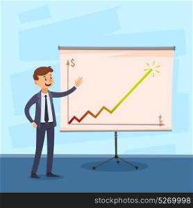 Presentation Of Career Illustration. Presentation of career with businessman near whiteboard with colored graph on textured blue background vector illustration