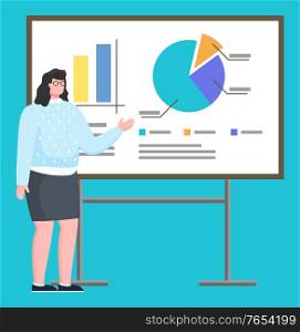 Presentation of female character working on company. Isolated employer pointing on feature points of tasks. Explanation by worker of organization. Meeting or conference, seminar for students vector. Presentation of Business Plan or Project Stats