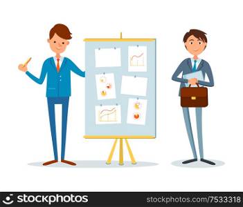 Presentation of financial analytics report, business people at seminar, presenter with plan on board vector. Chief executive, boss with charts and strategy. Presentation Financial Analytics Report, Business