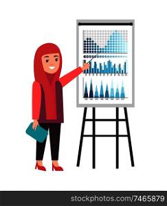 Presentation of muslim woman presenter on seminar vector. Flowcharts explanation by businesswoman holding papers documents. Infographics and charts. Presentation of Muslim Woman Presenter on Seminar