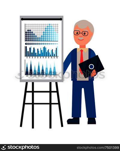 Presentation of old professor with laptop gadget vector. Man explaining charts, diagrams on whiteboard seminar. Workshops of experienced businessman. Presentation of Old Professor with Laptop Gadget