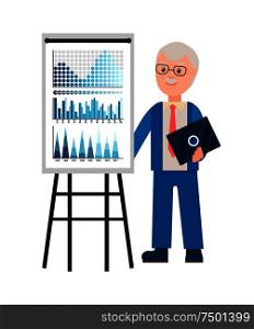 Presentation of old professor with laptop gadget vector. Man explaining charts, diagrams on whiteboard seminar. Workshops of experienced businessman. Presentation of Old Professor with Laptop Gadget