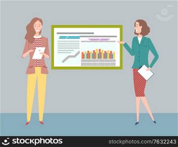 Presentation on board vector, women with report giving explanation of infocharts and infographics, flowcharts with connecting element, business project. Teamwork on Collecting Business Data Presentation