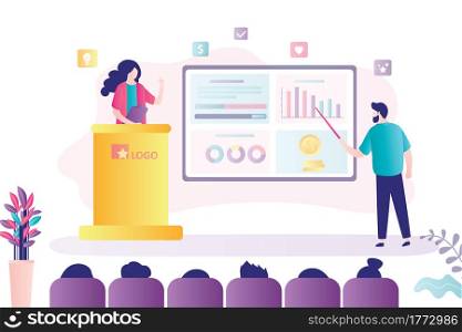 Presentation or conference. Company Annual Report. Business trainer talking about marketing and e-commerce. Viewers at conference hall. Businesswoman stands at rostrum. Flat vector illustration. Presentation or conference. Company Annual Report. Business trainer talking about marketing and e-commerce.