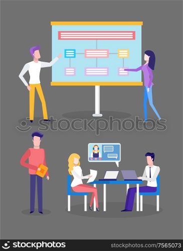 Presentation preparation brainstorming of people vector. Plan of workers, lady and man sitting by table with laptop, online conference of company. Presentation Preparation Brainstorming of People