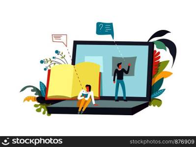 Presentation preparation man writing on laptop screen vector. Male and female reading info form book, big textbook publication in hardcover. Foliage and leaves decorating, chatting boxes for text. Presentation preparation man writing on laptop screen vector