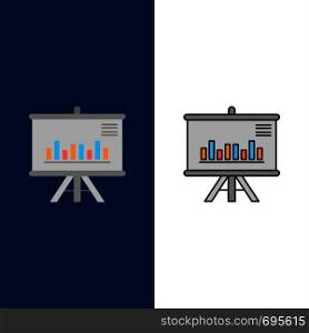 Presentation, Project, Graph, Business, Icons. Flat and Line Filled Icon Set Vector Blue Background