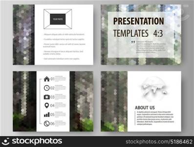 Presentation slide templates. Easy editable abstract vector layouts in flat design. Colorful background, hexagonal texture, travel business, natural landscape, polygonal style.. Set of business templates for presentation slides. Easy editable abstract vector layouts in flat design. Colorful background made of hexagonal texture for travel business, natural landscape in polygonal style.