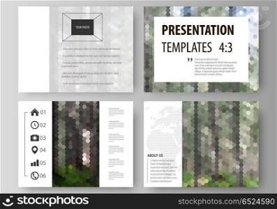 Presentation slide templates. Easy editable abstract vector layouts in flat design. Colorful background, hexagonal texture, travel business, natural landscape, polygonal style.. Set of business templates for presentation slides. Easy editable abstract vector layouts in flat design. Colorful background made of hexagonal texture for travel business, natural landscape in polygonal style.