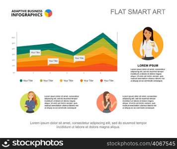Presentation slide with area chart and woman character icons. Editable template, flat smart art. Business data for banking, finance, marketing concept